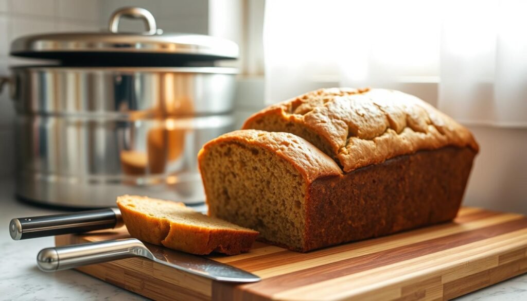 A sunlit kitchen counter, with a freshly baked loaf of banana bread resting on a wooden cutting board. The bread's golden crust glistens, its aroma filling the air. A knife lies nearby, ready to slice into the moist, flavorful interior. In the background, a gleaming metal bread box stands open, inviting the viewer to envision storing the remaining slices for later enjoyment. Soft, diffused lighting illuminates the scene, creating a warm, inviting atmosphere that captures the essence of savoring a homemade treat. A sunlit kitchen counter, with a freshly baked loaf of banana bread resting on a wooden cutting board. The bread's golden crust glistens, its aroma filling the air. A knife lies nearby, ready to slice into the moist, flavorful interior. In the background, a gleaming metal bread box stands open, inviting the viewer to envision storing the remaining slices for later enjoyment. Soft, diffused lighting illuminates the scene, creating a warm, inviting atmosphere that captures the essence of savoring a homemade treat.