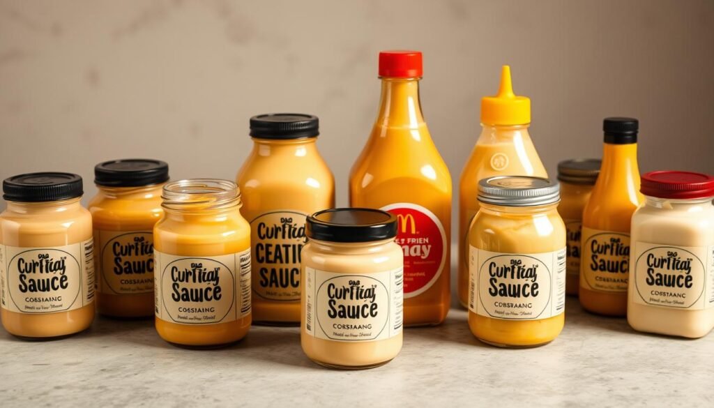 A tabletop display of various condiment jars and bottles, each containing a unique variation of creamy Big Mac sauce. The jars are arranged in a visually appealing manner, with different shades of beige, yellow, and white sauces. The lighting is soft and warm, highlighting the rich, glossy textures of the sauces. The background is a simple, neutral surface, allowing the sauces to be the focal point. The overall composition conveys a sense of culinary experimentation and the delicious possibilities of customizing the classic Big Mac sauce. A tabletop display of various condiment jars and bottles, each containing a unique variation of creamy Big Mac sauce. The jars are arranged in a visually appealing manner, with different shades of beige, yellow, and white sauces. The lighting is soft and warm, highlighting the rich, glossy textures of the sauces. The background is a simple, neutral surface, allowing the sauces to be the focal point. The overall composition conveys a sense of culinary experimentation and the delicious possibilities of customizing the classic Big Mac sauce.