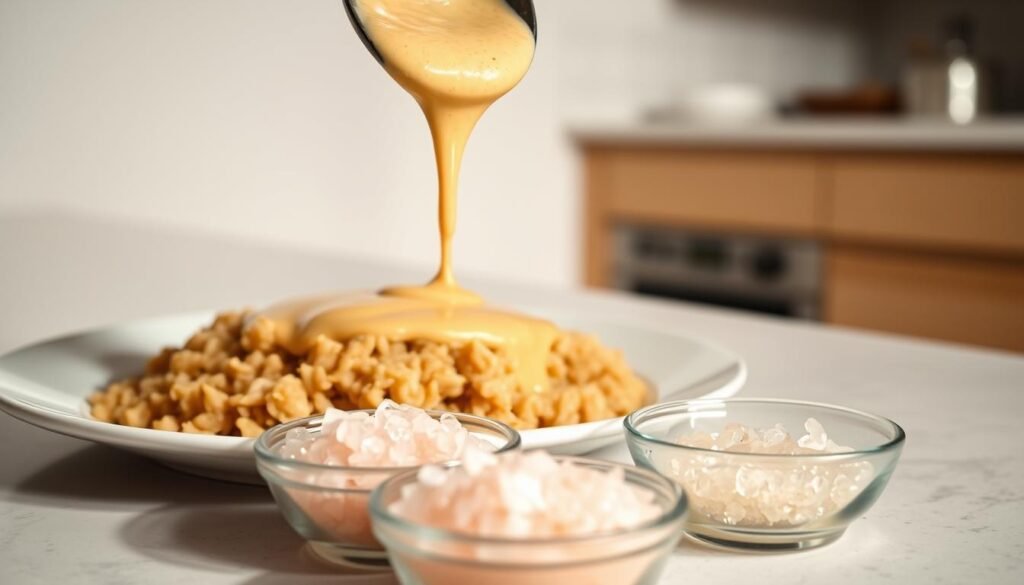 A tempting plate of homemade creamy peanut sauce, drizzled over a bed of freshly steamed brown rice. In the foreground, a small bowl of glistening pink Himalayan salt crystals, a key ingredient in this simple yet effective weight loss recipe. Soft lighting illuminates the scene, casting a warm glow and inviting the viewer to imagine the delightful flavors. In the background, a minimalist kitchen counter, clean and uncluttered, allowing the star of the dish to take center stage. The overall mood is one of nourishment, wellness, and a touch of elegance, capturing the essence of this flavorful yet healthy culinary delight. A tempting plate of homemade creamy peanut sauce, drizzled over a bed of freshly steamed brown rice. In the foreground, a small bowl of glistening pink Himalayan salt crystals, a key ingredient in this simple yet effective weight loss recipe. Soft lighting illuminates the scene, casting a warm glow and inviting the viewer to imagine the delightful flavors. In the background, a minimalist kitchen counter, clean and uncluttered, allowing the star of the dish to take center stage. The overall mood is one of nourishment, wellness, and a touch of elegance, capturing the essence of this flavorful yet healthy culinary delight.