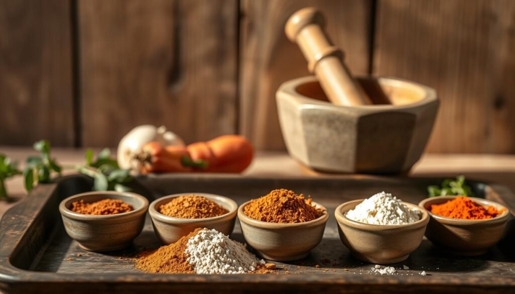 A tray of fragrant fajita seasoning, artfully arranged against a rustic wooden backdrop. In the foreground, a collection of spices including paprika, cumin, chili powder, garlic powder, and oregano, neatly presented in small ceramic bowls. The middle ground showcases a mortar and pestle, suggesting the manual grinding of the spices. Soft, natural lighting casts a warm glow over the scene, evoking the comforting aroma of a homemade fajita seasoning blend. The overall mood is one of culinary simplicity and authenticity, inviting the viewer to imagine the delicious flavors that await. A tray of fragrant fajita seasoning, artfully arranged against a rustic wooden backdrop. In the foreground, a collection of spices including paprika, cumin, chili powder, garlic powder, and oregano, neatly presented in small ceramic bowls. The middle ground showcases a mortar and pestle, suggesting the manual grinding of the spices. Soft, natural lighting casts a warm glow over the scene, evoking the comforting aroma of a homemade fajita seasoning blend. The overall mood is one of culinary simplicity and authenticity, inviting the viewer to imagine the delicious flavors that await.