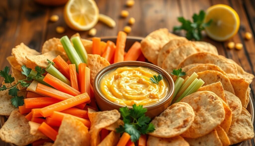 A vibrant and appetizing arrangement of items that pair perfectly with a creamy corn dip. In the foreground, a selection of crunchy tortilla chips, crisp vegetable sticks like carrots and celery, and fluffy pita bread slices arranged artfully. In the middle ground, a small ceramic bowl filled with the rich, golden corn dip, garnished with fresh cilantro sprigs. The background features a rustic wooden surface, perhaps a farmhouse table, with a few scattered kernels of corn and fresh lemon wedges to add a zesty touch. Warm, golden lighting casts a cozy glow over the scene, highlighting the inviting textures and colors. An image that captures the essence of delicious, comforting corn dip and its perfect accompaniments. A vibrant and appetizing arrangement of items that pair perfectly with a creamy corn dip. In the foreground, a selection of crunchy tortilla chips, crisp vegetable sticks like carrots and celery, and fluffy pita bread slices arranged artfully. In the middle ground, a small ceramic bowl filled with the rich, golden corn dip, garnished with fresh cilantro sprigs. The background features a rustic wooden surface, perhaps a farmhouse table, with a few scattered kernels of corn and fresh lemon wedges to add a zesty touch. Warm, golden lighting casts a cozy glow over the scene, highlighting the inviting textures and colors. An image that captures the essence of delicious, comforting corn dip and its perfect accompaniments.