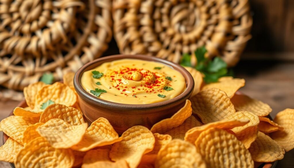 A vibrant, appetizing gluten-free corn dip set against a backdrop of natural textures. In the foreground, a creamy, golden dip is served in a rustic ceramic bowl, dotted with flecks of fresh cilantro and a light sprinkling of paprika. The middle ground features an array of gluten-free corn chips, their crisp, textured surfaces invitingly arranged. The background is a soft, earthy composition of woven straw mats and wooden surfaces, casting a warm, earthy glow over the scene. Soft, diffused lighting illuminates the dish, emphasizing its vibrant colors and tempting appearance. The overall mood is one of wholesome, homemade comfort and dietary accommodation. A vibrant, appetizing gluten-free corn dip set against a backdrop of natural textures. In the foreground, a creamy, golden dip is served in a rustic ceramic bowl, dotted with flecks of fresh cilantro and a light sprinkling of paprika. The middle ground features an array of gluten-free corn chips, their crisp, textured surfaces invitingly arranged. The background is a soft, earthy composition of woven straw mats and wooden surfaces, casting a warm, earthy glow over the scene. Soft, diffused lighting illuminates the dish, emphasizing its vibrant colors and tempting appearance. The overall mood is one of wholesome, homemade comfort and dietary accommodation.