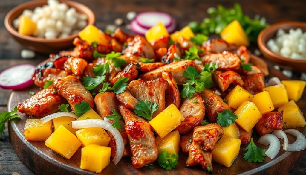 A vibrant array of al pastor toppings, artfully arranged on a rustic wooden surface. In the foreground, thin slices of juicy marinated pork sizzle under warm golden lighting, their caramelized edges glistening. Interspersed are diced pineapple chunks, their bright tropical sweetness complementing the savory meat. Sprigs of fresh cilantro and slivers of white onion add a crisp, herbaceous contrast. In the background, a scatter of chopped white onion and diced radish provide texture and a pop of color. The scene is framed by a muted, earthy backdrop, allowing the flavors of the al pastor to take center stage. A vibrant array of al pastor toppings, artfully arranged on a rustic wooden surface. In the foreground, thin slices of juicy marinated pork sizzle under warm golden lighting, their caramelized edges glistening. Interspersed are diced pineapple chunks, their bright tropical sweetness complementing the savory meat. Sprigs of fresh cilantro and slivers of white onion add a crisp, herbaceous contrast. In the background, a scatter of chopped white onion and diced radish provide texture and a pop of color. The scene is framed by a muted, earthy backdrop, allowing the flavors of the al pastor to take center stage.