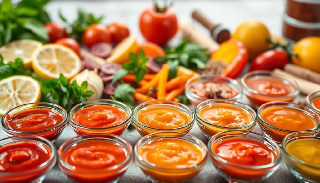A vibrant array of classic cocktail sauces, each with its own unique blend of flavors. In the foreground, an array of dainty glass bowls brimming with various shades of crimson, amber, and tangerine sauces, each with a distinct spice profile. The middle ground showcases an assortment of fresh ingredients, from juicy tomatoes and tangy lemon wedges to aromatic herbs and spices, hinting at the flavorful possibilities. The background is softly illuminated, creating a warm, inviting atmosphere, as if the viewer is about to embark on a culinary journey of tantalizing condiment variations. A vibrant array of classic cocktail sauces, each with its own unique blend of flavors. In the foreground, an array of dainty glass bowls brimming with various shades of crimson, amber, and tangerine sauces, each with a distinct spice profile. The middle ground showcases an assortment of fresh ingredients, from juicy tomatoes and tangy lemon wedges to aromatic herbs and spices, hinting at the flavorful possibilities. The background is softly illuminated, creating a warm, inviting atmosphere, as if the viewer is about to embark on a culinary journey of tantalizing condiment variations.