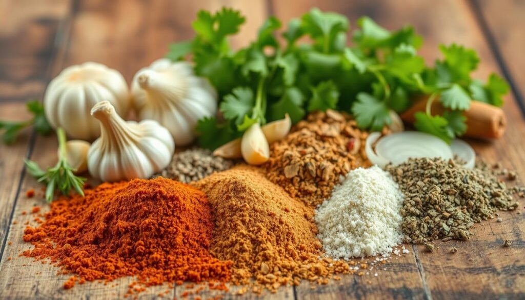 A vibrant array of whole spices and herbs, arranged on a rustic wooden surface, meticulously lit from above to accentuate their textures and colors. In the foreground, a mix of chili powder, cumin, garlic powder, and oregano spill gracefully across the frame, while in the middle ground, whole cloves of garlic, sliced onions, and sprigs of fresh cilantro create a visually compelling composition. The background features a subtle bokeh effect, allowing the essential ingredients to take center stage and exude an inviting, homemade ambiance perfect for a classic Thanksgiving fajita seasoning. A vibrant array of whole spices and herbs, arranged on a rustic wooden surface, meticulously lit from above to accentuate their textures and colors. In the foreground, a mix of chili powder, cumin, garlic powder, and oregano spill gracefully across the frame, while in the middle ground, whole cloves of garlic, sliced onions, and sprigs of fresh cilantro create a visually compelling composition. The background features a subtle bokeh effect, allowing the essential ingredients to take center stage and exude an inviting, homemade ambiance perfect for a classic Thanksgiving fajita seasoning.