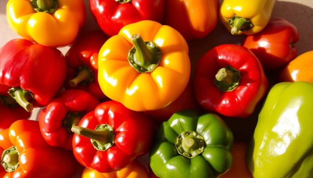 A vibrant assortment of fresh bell peppers in various colors - red, yellow, orange, and green - arranged in an artful display. The peppers are glistening with a slight moisture, suggesting they were recently washed. The lighting is natural and warm, casting soft shadows that accentuate the peppers' curves and contours. The camera angle is slightly elevated, allowing the viewer to appreciate the peppers' diverse shapes and sizes. The background is a simple, neutral surface that allows the produce to take center stage. An overall mood of freshness, flavor, and culinary potential emanates from the scene. A vibrant assortment of fresh bell peppers in various colors - red, yellow, orange, and green - arranged in an artful display. The peppers are glistening with a slight moisture, suggesting they were recently washed. The lighting is natural and warm, casting soft shadows that accentuate the peppers' curves and contours. The camera angle is slightly elevated, allowing the viewer to appreciate the peppers' diverse shapes and sizes. The background is a simple, neutral surface that allows the produce to take center stage. An overall mood of freshness, flavor, and culinary potential emanates from the scene.