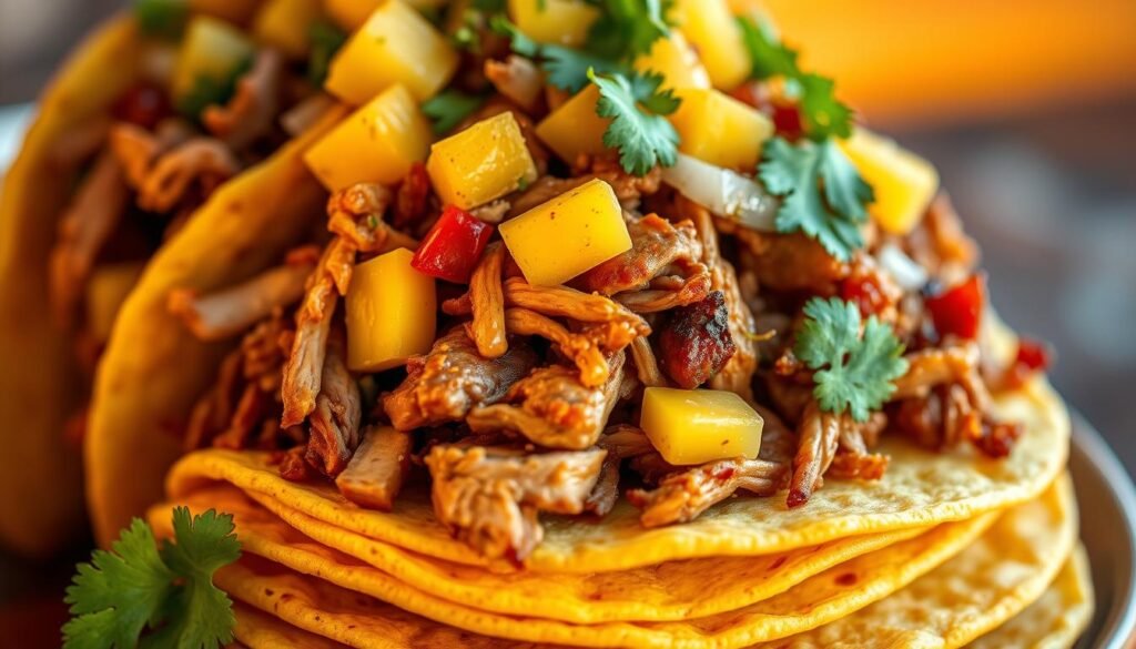 A vibrant close-up of an al pastor taco platter, showcasing a stack of corn tortillas piled high with shredded pork, diced pineapple, finely chopped white onion, and fresh cilantro leaves. The taco fillings are artfully arranged, highlighting the contrast of colors and textures. Warm lighting casts a golden glow, casting dramatic shadows and emphasizing the succulent, caramelized edges of the meat. The taco platter is set against a blurred, softly-focused background, drawing the viewer's attention to the star of the dish. An inviting, mouthwatering scene that perfectly complements the "Serving Suggestions" section of the article. A vibrant close-up of an al pastor taco platter, showcasing a stack of corn tortillas piled high with shredded pork, diced pineapple, finely chopped white onion, and fresh cilantro leaves. The taco fillings are artfully arranged, highlighting the contrast of colors and textures. Warm lighting casts a golden glow, casting dramatic shadows and emphasizing the succulent, caramelized edges of the meat. The taco platter is set against a blurred, softly-focused background, drawing the viewer's attention to the star of the dish. An inviting, mouthwatering scene that perfectly complements the "Serving Suggestions" section of the article.