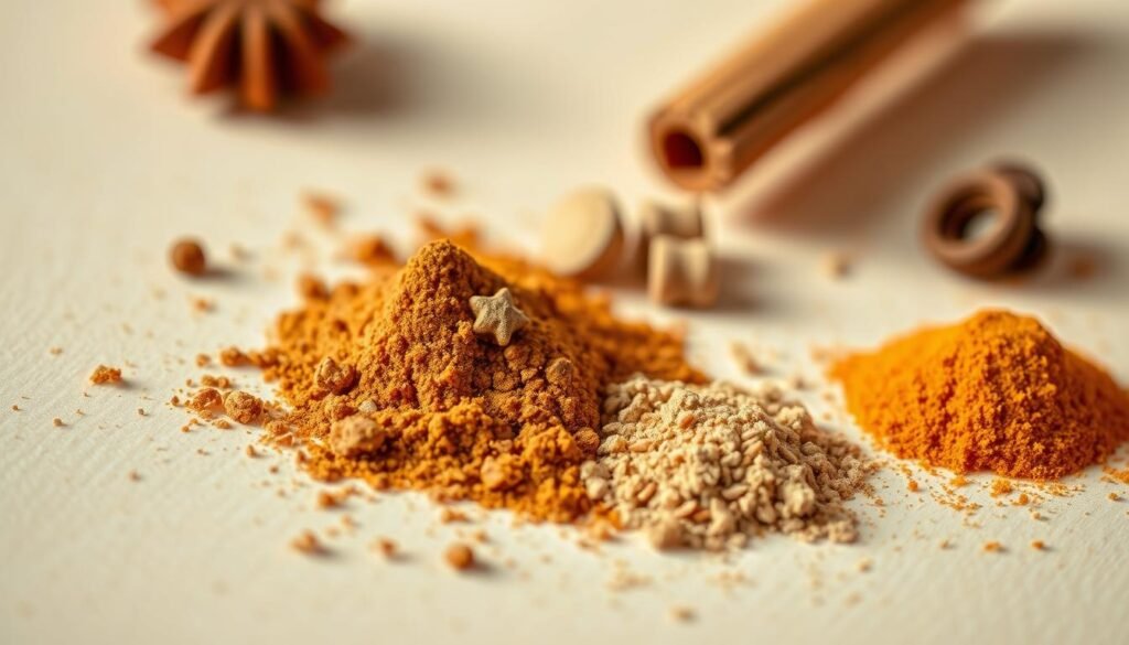 A vibrant close-up of freshly ground cinnamon and nutmeg spices, their warm earthy tones contrasting against a soft, creamy backdrop, as if ready to be sprinkled over candied yams. The spices are arranged in an artful, almost sculptural composition, catching the gentle side-lighting that casts delicate shadows, emphasizing their rich textures. The image exudes a comforting, autumnal atmosphere, perfectly suited to enhance the flavors of a homemade candied yam dish. A vibrant close-up of freshly ground cinnamon and nutmeg spices, their warm earthy tones contrasting against a soft, creamy backdrop, as if ready to be sprinkled over candied yams. The spices are arranged in an artful, almost sculptural composition, catching the gentle side-lighting that casts delicate shadows, emphasizing their rich textures. The image exudes a comforting, autumnal atmosphere, perfectly suited to enhance the flavors of a homemade candied yam dish.