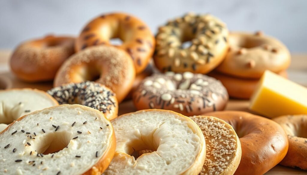 A vibrant collection of gourmet bagel flavors, arranged in an appealing display. In the foreground, a selection of sliced bagels in a variety of hues, including classic plain, sesame, onion, and garlic. In the middle ground, additional bagel variations such as cinnamon-raisin, everything, and asiago cheese. The background features a soft, diffused lighting, highlighting the subtle textures and shades of each unique bagel. The overall composition evokes a sense of artisanal craftsmanship and culinary creativity, perfectly suited to inspire a section on "Creative Bagel Flavor Variations" within a recipe article. A vibrant collection of gourmet bagel flavors, arranged in an appealing display. In the foreground, a selection of sliced bagels in a variety of hues, including classic plain, sesame, onion, and garlic. In the middle ground, additional bagel variations such as cinnamon-raisin, everything, and asiago cheese. The background features a soft, diffused lighting, highlighting the subtle textures and shades of each unique bagel. The overall composition evokes a sense of artisanal craftsmanship and culinary creativity, perfectly suited to inspire a section on "Creative Bagel Flavor Variations" within a recipe article.
