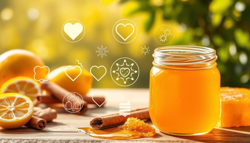 A vibrant, high-resolution image depicting the health benefits of honey. In the foreground, a glass jar filled with golden, viscous honey, its surface glistening under warm, natural lighting. Surrounding the jar, a curated selection of ingredients known for their nutritional properties: sliced lemons, cinnamon sticks, and fresh honeycomb. The middle ground showcases a variety of health-promoting icons, such as a heart, antioxidant symbols, and immune system representations, all arranged in a visually appealing, balanced composition. The background features a soft, blurred landscape with lush, verdant foliage, evoking a sense of natural wellness and tranquility. The overall mood is one of rustic elegance, highlighting honey's versatility as a wholesome, beneficial ingredient. A vibrant, high-resolution image depicting the health benefits of honey. In the foreground, a glass jar filled with golden, viscous honey, its surface glistening under warm, natural lighting. Surrounding the jar, a curated selection of ingredients known for their nutritional properties: sliced lemons, cinnamon sticks, and fresh honeycomb. The middle ground showcases a variety of health-promoting icons, such as a heart, antioxidant symbols, and immune system representations, all arranged in a visually appealing, balanced composition. The background features a soft, blurred landscape with lush, verdant foliage, evoking a sense of natural wellness and tranquility. The overall mood is one of rustic elegance, highlighting honey's versatility as a wholesome, beneficial ingredient.