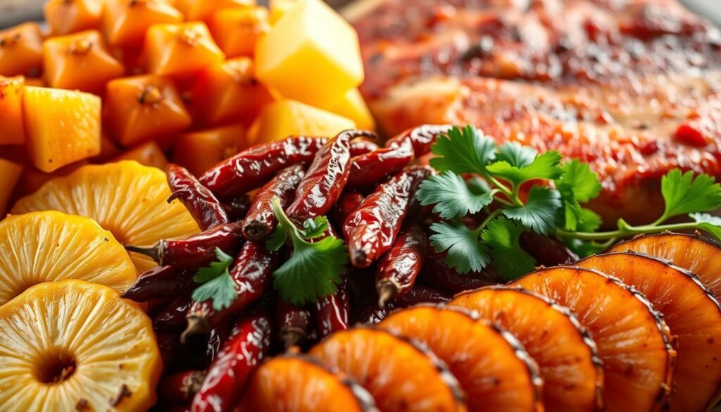 A vibrant still life capturing the essential ingredients for authentic Al Pastor. In the foreground, an array of freshly sliced pineapple, its golden-orange hues glistening under soft, natural lighting. In the middle ground, a pile of dried chili peppers in varying shades of red and brown, their wrinkled textures hinting at the depth of flavor they will impart. Tucked alongside, a bundle of fragrant cilantro, its lush green leaves contrasting against the earthy tones. In the background, a slab of marinated pork, its reddish-brown hue promising the rich, savory notes that define this iconic Mexican dish. The overall composition evokes the vibrant, layered flavors of Al Pastor, inviting the viewer to envision the creation of this delectable culinary delight. A vibrant still life capturing the essential ingredients for authentic Al Pastor. In the foreground, an array of freshly sliced pineapple, its golden-orange hues glistening under soft, natural lighting. In the middle ground, a pile of dried chili peppers in varying shades of red and brown, their wrinkled textures hinting at the depth of flavor they will impart. Tucked alongside, a bundle of fragrant cilantro, its lush green leaves contrasting against the earthy tones. In the background, a slab of marinated pork, its reddish-brown hue promising the rich, savory notes that define this iconic Mexican dish. The overall composition evokes the vibrant, layered flavors of Al Pastor, inviting the viewer to envision the creation of this delectable culinary delight.