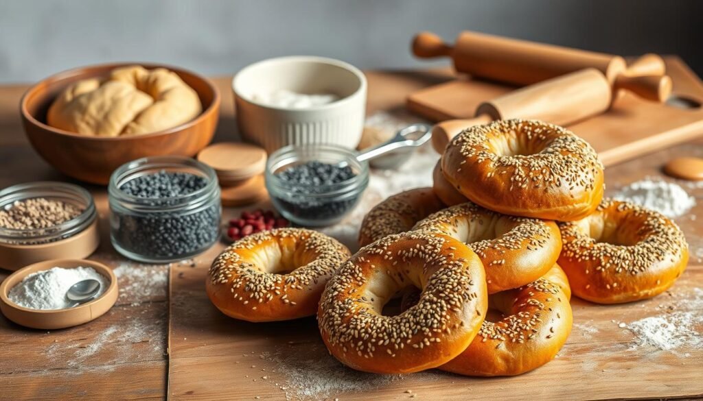 A vibrant still life of homemade bagel ingredients on a rustic wooden table. In the foreground, a pile of freshly baked sesame seed bagels, their golden crusts glistening under warm, natural lighting. Surrounding them, a scattering of essential baking elements: a bowl of proofed yeast dough, a jar of poppy seeds, a wooden board with a dusting of flour, and a small dish of coarse salt. In the middle ground, a vintage rolling pin and a baker's peel, hinting at the process of shaping and baking these artisanal breads. The background softly blurs, suggesting a minimalist kitchen setting with earthy tones and subtle textures, creating an inviting, homemade atmosphere. A vibrant still life of homemade bagel ingredients on a rustic wooden table. In the foreground, a pile of freshly baked sesame seed bagels, their golden crusts glistening under warm, natural lighting. Surrounding them, a scattering of essential baking elements: a bowl of proofed yeast dough, a jar of poppy seeds, a wooden board with a dusting of flour, and a small dish of coarse salt. In the middle ground, a vintage rolling pin and a baker's peel, hinting at the process of shaping and baking these artisanal breads. The background softly blurs, suggesting a minimalist kitchen setting with earthy tones and subtle textures, creating an inviting, homemade atmosphere.