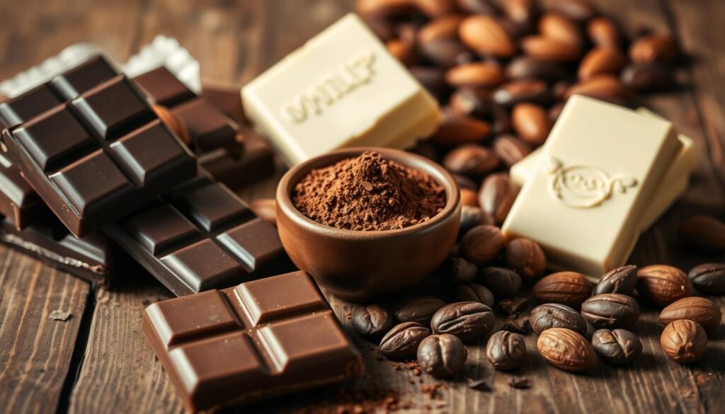 A vibrant still life of various types of chocolate, arranged on a rustic wooden surface. In the foreground, a selection of chocolate bars in dark, milk, and white varieties, their wrappings peeled back to reveal the rich, smooth texture within. In the middle ground, a small ceramic bowl filled with cocoa powder and cacao nibs, casting a warm, earthy hue. In the background, a scattering of chocolate-coated almonds and hazelnuts, adding a touch of crunch and complexity to the scene. Soft, directional lighting illuminates the compositions, creating subtle shadows and highlights that accentuate the luxurious, indulgent nature of the ingredients. The overall mood is one of refined sophistication and culinary artistry, perfectly suited to accompany a section on crafting decadent chocolate ganache.