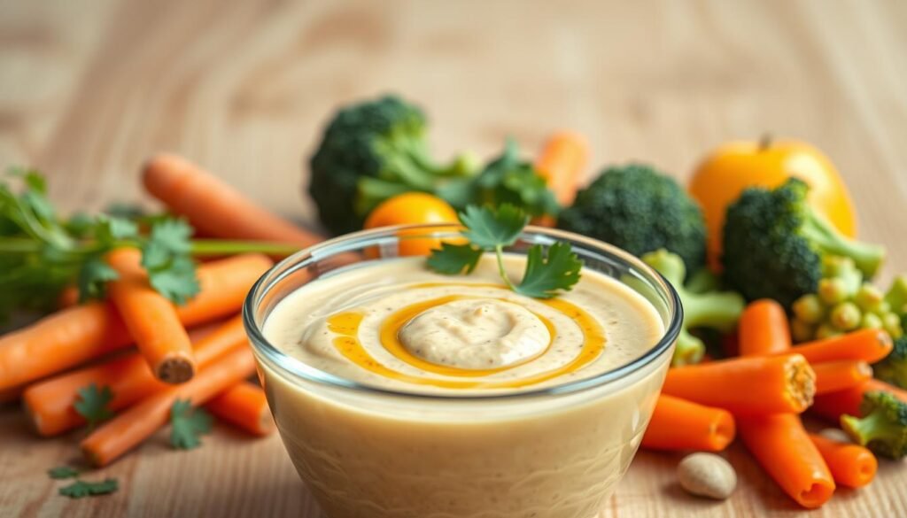 A vibrant still life showcasing the health benefits of peanut sauce. In the foreground, a glass bowl filled with a creamy, rich peanut sauce, garnished with fresh cilantro leaves and a drizzle of sesame oil. In the middle ground, an assortment of colorful vegetables - crisp carrots, crunchy bell peppers, and tender broccoli florets - arranged around the bowl, highlighting the sauce's versatility as a dipping accompaniment. The background features a wooden table with a neutral, earthy tone, creating a warm and inviting atmosphere. The lighting is soft and diffused, casting a gentle glow over the scene and emphasizing the sauce's smooth, velvety texture. The overall composition conveys the healthful and delicious nature of peanut sauce, perfect for enhancing a cozy chili dish. A vibrant still life showcasing the health benefits of peanut sauce. In the foreground, a glass bowl filled with a creamy, rich peanut sauce, garnished with fresh cilantro leaves and a drizzle of sesame oil. In the middle ground, an assortment of colorful vegetables - crisp carrots, crunchy bell peppers, and tender broccoli florets - arranged around the bowl, highlighting the sauce's versatility as a dipping accompaniment. The background features a wooden table with a neutral, earthy tone, creating a warm and inviting atmosphere. The lighting is soft and diffused, casting a gentle glow over the scene and emphasizing the sauce's smooth, velvety texture. The overall composition conveys the healthful and delicious nature of peanut sauce, perfect for enhancing a cozy chili dish.
