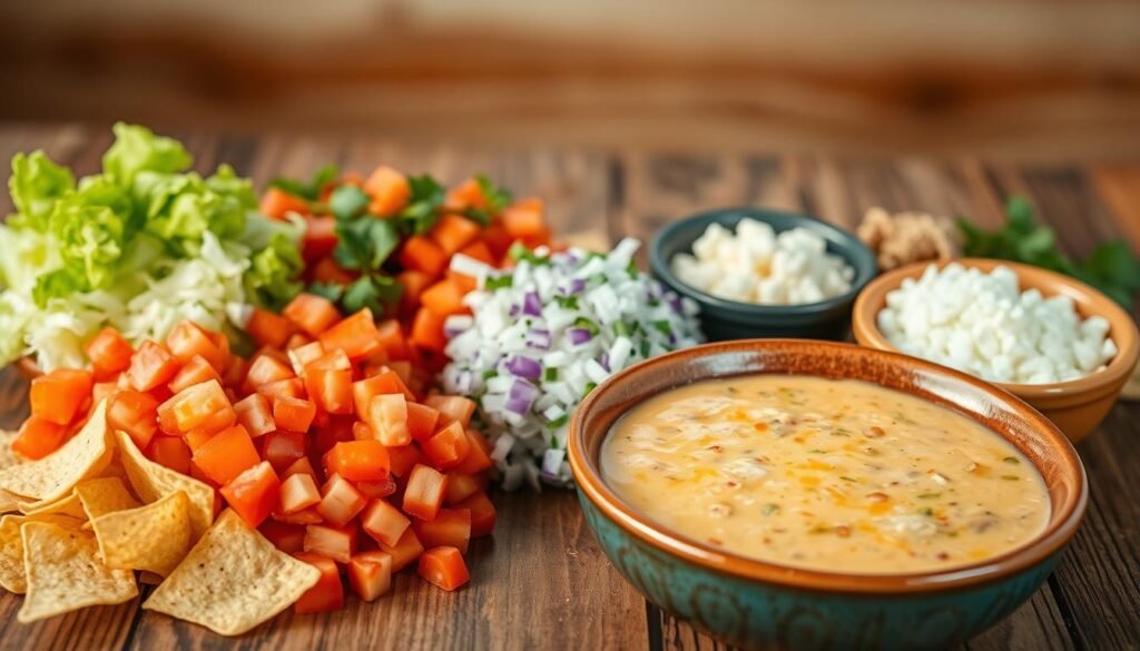 A visually appealing arrangement of taco dip garnishes on a rustic wooden table. In the foreground, a creamy taco dip is served in a ceramic bowl, surrounded by an assortment of vibrant toppings - diced tomatoes, shredded lettuce, diced onions, and crumbled queso fresco. In the middle ground, crisp tortilla chips are scattered, ready to be dipped. The background features a cozy, natural setting with a warm, ambient lighting, capturing the inviting and comforting atmosphere of the serving suggestions. The image conveys a sense of freshness, flavor, and the perfect accompaniment to the casserole dish. A visually appealing arrangement of taco dip garnishes on a rustic wooden table. In the foreground, a creamy taco dip is served in a ceramic bowl, surrounded by an assortment of vibrant toppings - diced tomatoes, shredded lettuce, diced onions, and crumbled queso fresco. In the middle ground, crisp tortilla chips are scattered, ready to be dipped. The background features a cozy, natural setting with a warm, ambient lighting, capturing the inviting and comforting atmosphere of the serving suggestions. The image conveys a sense of freshness, flavor, and the perfect accompaniment to the casserole dish.