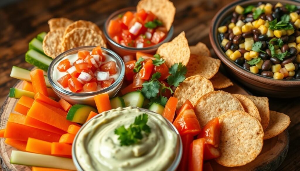A visually appealing assortment of healthier taco dip alternatives, artfully arranged on a rustic wooden board. In the foreground, a creamy avocado-based dip is surrounded by colorful vegetable crudités - crisp carrots, bell peppers, and cucumber slices. In the middle ground, a vibrant tomato salsa with finely diced onions and cilantro is accompanied by baked whole-grain tortilla chips. In the background, a protein-rich black bean and corn salad with a light lime-cilantro dressing provides a nutritious option. Soft, natural lighting highlights the fresh ingredients, conveying a sense of culinary wellness and balance. A visually appealing assortment of healthier taco dip alternatives, artfully arranged on a rustic wooden board. In the foreground, a creamy avocado-based dip is surrounded by colorful vegetable crudités - crisp carrots, bell peppers, and cucumber slices. In the middle ground, a vibrant tomato salsa with finely diced onions and cilantro is accompanied by baked whole-grain tortilla chips. In the background, a protein-rich black bean and corn salad with a light lime-cilantro dressing provides a nutritious option. Soft, natural lighting highlights the fresh ingredients, conveying a sense of culinary wellness and balance.