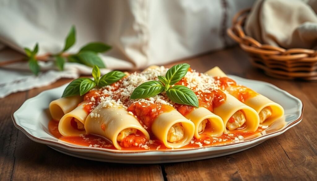 A visually appetizing scene featuring a platter of freshly prepared manicotti, elegantly arranged on a wooden table. The creamy, sauce-filled pasta rolls are garnished with vibrant green basil leaves and a sprinkle of grated parmesan cheese. Warm lighting casts a cozy glow, highlighting the dish's inviting texture and color. In the background, a simple, rustic backdrop with hints of natural elements, such as a vintage-inspired linen or a subtle, patterned tablecloth, complements the homemade, comforting aesthetic. The overall atmosphere evokes a sense of culinary delight, encouraging the viewer to imagine the delicious flavors and textures of the manicotti. A visually appetizing scene featuring a platter of freshly prepared manicotti, elegantly arranged on a wooden table. The creamy, sauce-filled pasta rolls are garnished with vibrant green basil leaves and a sprinkle of grated parmesan cheese. Warm lighting casts a cozy glow, highlighting the dish's inviting texture and color. In the background, a simple, rustic backdrop with hints of natural elements, such as a vintage-inspired linen or a subtle, patterned tablecloth, complements the homemade, comforting aesthetic. The overall atmosphere evokes a sense of culinary delight, encouraging the viewer to imagine the delicious flavors and textures of the manicotti.