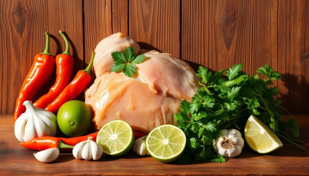 A visually striking arrangement of fresh chipotle chicken ingredients, including tender chicken thighs, vibrant orange chipotle peppers, fragrant garlic cloves, zesty lime wedges, and aromatic cilantro sprigs. The ingredients are positioned against a rustic wooden background, bathed in warm, natural lighting that casts subtle shadows. The composition emphasizes the vibrant colors and textures of the essential components, creating an inviting and appetizing scene that perfectly captures the essence of the homemade bone broth recipe.