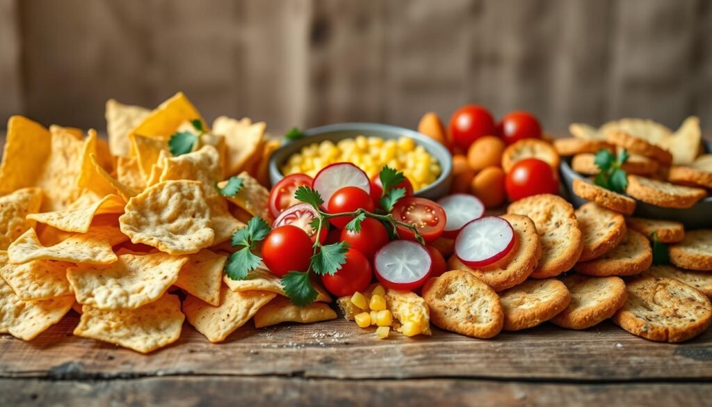 A visually striking image of various types of corn dippers laid out on a rustic wooden table. In the foreground, crisp tortilla chips, crunchy pita wedges, and hearty crostini slices are arranged in an artful display, their golden-brown hues and irregular shapes creating a dynamic composition. In the middle ground, clusters of vibrant red cherry tomatoes, fresh sprigs of cilantro, and sliced radishes add pops of color and texture, complementing the neutral tones of the dippers. The background features a soft, blurred backdrop of a warm, earthy setting, perhaps a linen tablecloth or a natural wood surface, evoking a cozy, inviting atmosphere. The lighting is soft and natural, casting gentle shadows and highlights to enhance the tactile qualities of the scene. The overall mood is one of rustic elegance, perfectly suited to accompany a delicious corn dip and create an enticing visual for the article. A visually striking image of various types of corn dippers laid out on a rustic wooden table. In the foreground, crisp tortilla chips, crunchy pita wedges, and hearty crostini slices are arranged in an artful display, their golden-brown hues and irregular shapes creating a dynamic composition. In the middle ground, clusters of vibrant red cherry tomatoes, fresh sprigs of cilantro, and sliced radishes add pops of color and texture, complementing the neutral tones of the dippers. The background features a soft, blurred backdrop of a warm, earthy setting, perhaps a linen tablecloth or a natural wood surface, evoking a cozy, inviting atmosphere. The lighting is soft and natural, casting gentle shadows and highlights to enhance the tactile qualities of the scene. The overall mood is one of rustic elegance, perfectly suited to accompany a delicious corn dip and create an enticing visual for the article.