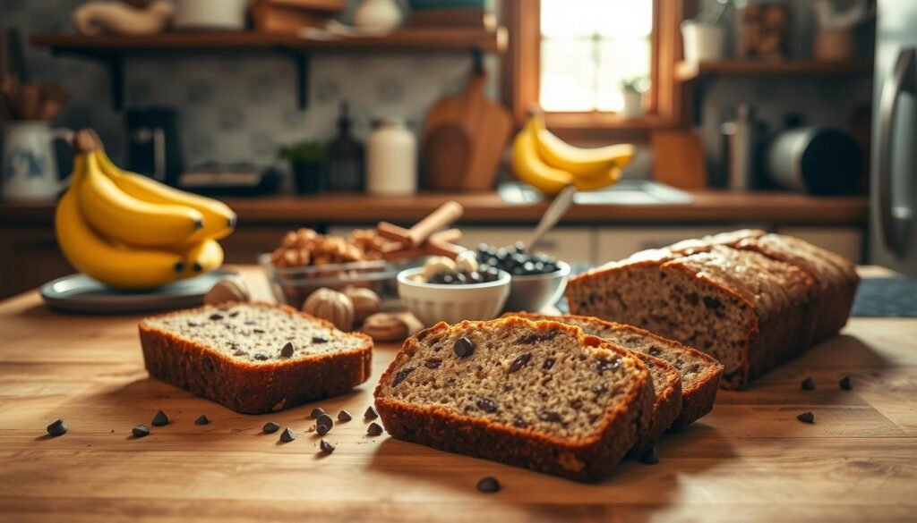 A warm, inviting kitchen setting with a wooden table in the foreground showcasing a variety of banana bread slices in different flavors. In the middle ground, a selection of ingredients like ripe bananas, walnuts, chocolate chips, and cinnamon sticks. The background features a cozy, rustic atmosphere with natural lighting streaming in through a window, casting a soft, golden glow over the scene. The overall mood is one of homemade comfort and culinary exploration, inviting the viewer to imagine the delicious taste and aroma of these tempting banana bread variations. A warm, inviting kitchen setting with a wooden table in the foreground showcasing a variety of banana bread slices in different flavors. In the middle ground, a selection of ingredients like ripe bananas, walnuts, chocolate chips, and cinnamon sticks. The background features a cozy, rustic atmosphere with natural lighting streaming in through a window, casting a soft, golden glow over the scene. The overall mood is one of homemade comfort and culinary exploration, inviting the viewer to imagine the delicious taste and aroma of these tempting banana bread variations.