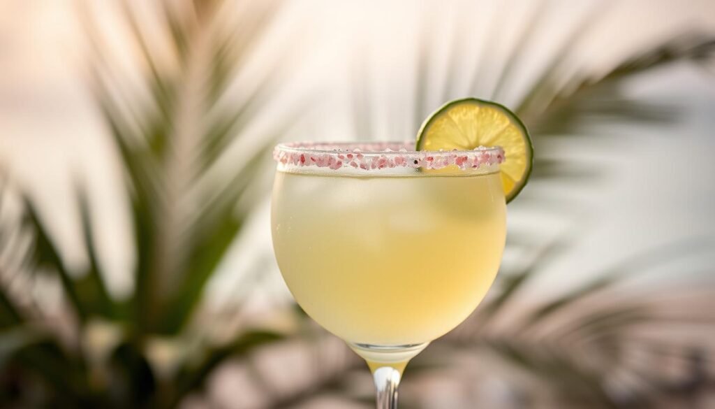 A well-balanced Skinny Margarita with a pink Himalayan salt rim, set against a blurred, tropical background. The glass is positioned in the foreground, capturing the translucent, pale green hue of the cocktail and the delicate lime wedge garnish. Soft, diffused lighting casts a warm, inviting glow, highlighting the textured salt crystals along the rim. The middle ground features a subtle, out-of-focus arrangement of lush, verdant foliage, suggesting a relaxing, beach-like ambiance. The background is hazy and indistinct, creating depth and a sense of tranquility. The overall mood is one of balance, refreshment, and mindful indulgence. A well-balanced Skinny Margarita with a pink Himalayan salt rim, set against a blurred, tropical background. The glass is positioned in the foreground, capturing the translucent, pale green hue of the cocktail and the delicate lime wedge garnish. Soft, diffused lighting casts a warm, inviting glow, highlighting the textured salt crystals along the rim. The middle ground features a subtle, out-of-focus arrangement of lush, verdant foliage, suggesting a relaxing, beach-like ambiance. The background is hazy and indistinct, creating depth and a sense of tranquility. The overall mood is one of balance, refreshment, and mindful indulgence.
