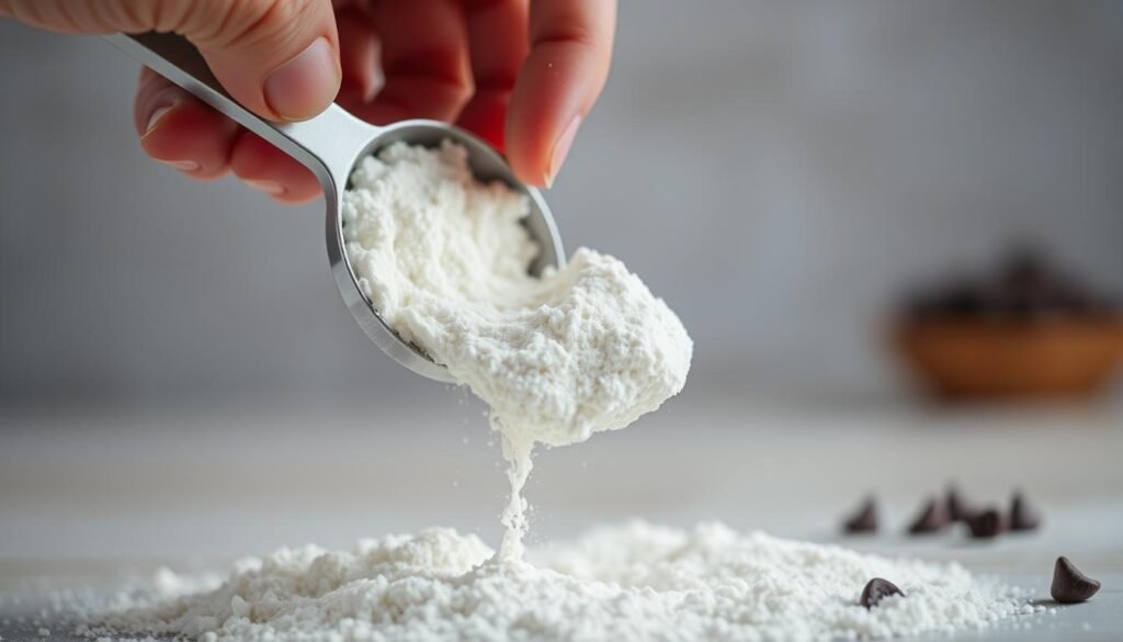 A well-lit, close-up shot of a hand carefully scooping flour from a measuring cup, with a soft, diffused light illuminating the delicate white powder. The foreground is in sharp focus, while the background is subtly blurred, creating a sense of depth and drawing the viewer's attention to the precise act of measuring. The image conveys a serene, almost meditative atmosphere, reflecting the importance of accurate measurement in achieving the perfect moisture and texture for a moist and flavorful chocolate chip banana bread.