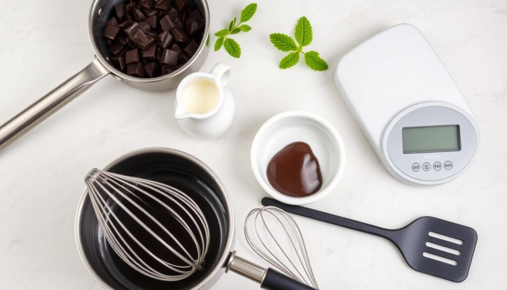 A well-lit, high-angle photograph of a collection of kitchen tools and ingredients used to make ganache, set against a neutral background. In the foreground, a metal saucepan, a whisk, and a spatula are arranged neatly. In the middle ground, a bowl of dark chocolate chunks and a small jug of heavy cream sit next to a digital kitchen scale. The background features a marble or granite countertop, with a few sprigs of fresh mint adding a touch of greenery. The overall mood is one of precision and culinary expertise, reflecting the specialized equipment required to craft the perfect ganache.