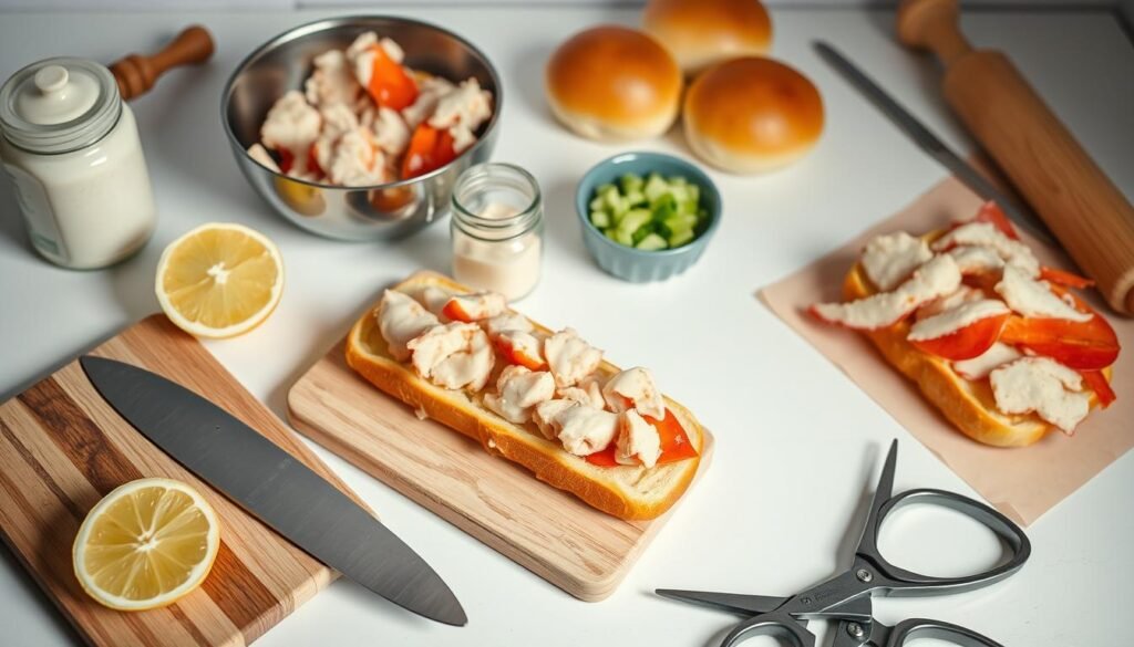 A well-lit, high-angle photograph of a neatly arranged set of kitchen tools for preparing lobster rolls. In the foreground, a wooden cutting board with a freshly sliced lemon, a sharp chef's knife, and a pair of sturdy kitchen shears. In the middle ground, a stainless steel bowl filled with cooked and chilled lobster meat, a jar of mayonnaise, and a small bowl of chopped celery. In the background, a rolling pin, a pastry brush, and soft, toasted buns arranged on a clean, white surface. The overall scene conveys a sense of culinary precision and attention to detail, perfectly suited for an article on homemade Italian delights. A well-lit, high-angle photograph of a neatly arranged set of kitchen tools for preparing lobster rolls. In the foreground, a wooden cutting board with a freshly sliced lemon, a sharp chef's knife, and a pair of sturdy kitchen shears. In the middle ground, a stainless steel bowl filled with cooked and chilled lobster meat, a jar of mayonnaise, and a small bowl of chopped celery. In the background, a rolling pin, a pastry brush, and soft, toasted buns arranged on a clean, white surface. The overall scene conveys a sense of culinary precision and attention to detail, perfectly suited for an article on homemade Italian delights.