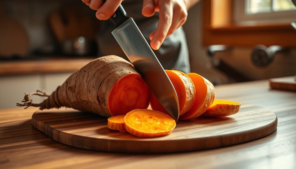 A well-lit kitchen counter, a wooden cutting board placed in the center. On the board, a vibrant yam is being carefully sliced with a sharp chef's knife, revealing its bright orange flesh. The slicing motion is captured mid-action, with the knife's blade cleanly dividing the tuber into thin, even slices. Warm, natural lighting from a nearby window casts a gentle glow over the scene, highlighting the yam's textured skin and the cook's deft hand movements. The overall mood is one of focused preparation, with an air of culinary expertise and care. A well-lit kitchen counter, a wooden cutting board placed in the center. On the board, a vibrant yam is being carefully sliced with a sharp chef's knife, revealing its bright orange flesh. The slicing motion is captured mid-action, with the knife's blade cleanly dividing the tuber into thin, even slices. Warm, natural lighting from a nearby window casts a gentle glow over the scene, highlighting the yam's textured skin and the cook's deft hand movements. The overall mood is one of focused preparation, with an air of culinary expertise and care.