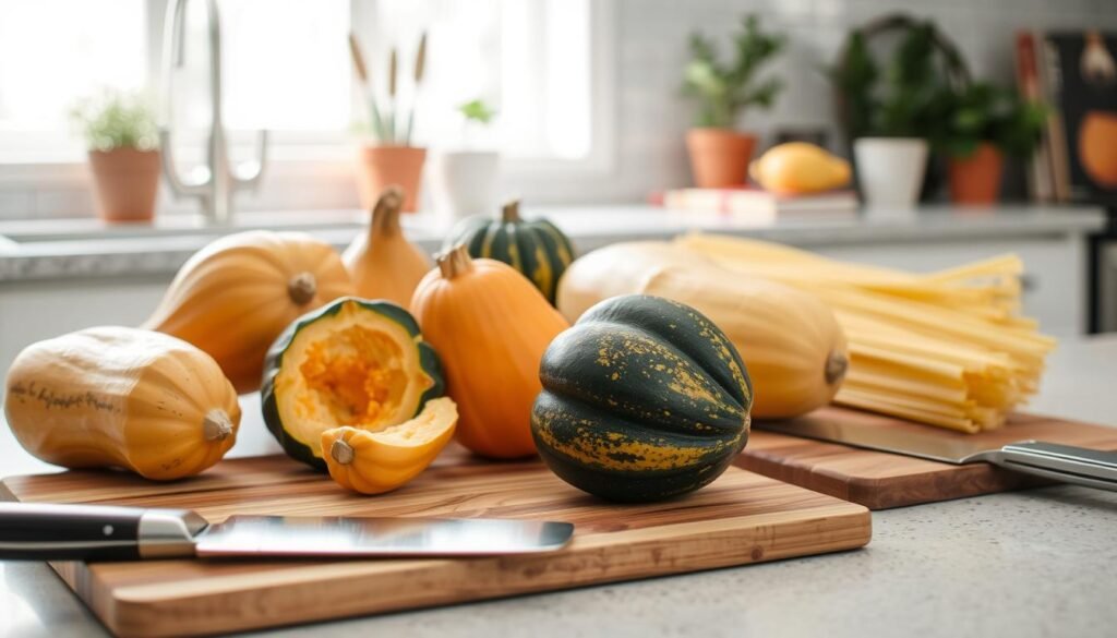 A well-lit kitchen counter showcases an array of fresh squash varieties, including butternut, acorn, and spaghetti squash. In the foreground, a chef's knife and a wooden cutting board lie ready, hinting at the preparation steps to come. The middle ground features a selection of kitchen tools like a vegetable peeler, a melon baller, and a sturdy serrated knife, each poised to tackle the unique textures and shapes of the squash. The background subtly suggests a clean, organized workspace, with a few potted herbs and a vintage cookbook adding a touch of warmth and inspiration. The overall scene exudes a sense of culinary expertise and a dedication to creating a delightful homemade treat. A well-lit kitchen counter showcases an array of fresh squash varieties, including butternut, acorn, and spaghetti squash. In the foreground, a chef's knife and a wooden cutting board lie ready, hinting at the preparation steps to come. The middle ground features a selection of kitchen tools like a vegetable peeler, a melon baller, and a sturdy serrated knife, each poised to tackle the unique textures and shapes of the squash. The background subtly suggests a clean, organized workspace, with a few potted herbs and a vintage cookbook adding a touch of warmth and inspiration. The overall scene exudes a sense of culinary expertise and a dedication to creating a delightful homemade treat.