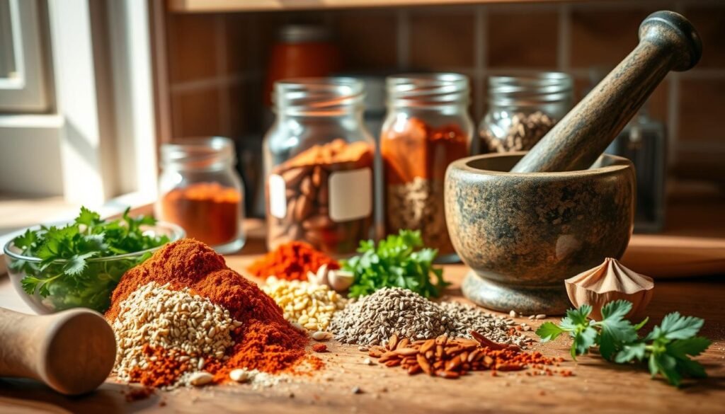 A well-lit kitchen counter showcases an assortment of spices and herbs, meticulously arranged to create the perfect fajita seasoning blend. In the foreground, a mortar and pestle grind together cumin, chili powder, garlic, and oregano, releasing a captivating aroma. The middle ground features glass jars filled with vibrant red paprika, smoky chipotle, and fragrant coriander seeds, hinting at the endless possibilities for customization. Soft, natural lighting casts warm shadows, highlighting the textures and colors of the ingredients, inviting the viewer to explore and experiment with their own signature fajita seasoning. A well-lit kitchen counter showcases an assortment of spices and herbs, meticulously arranged to create the perfect fajita seasoning blend. In the foreground, a mortar and pestle grind together cumin, chili powder, garlic, and oregano, releasing a captivating aroma. The middle ground features glass jars filled with vibrant red paprika, smoky chipotle, and fragrant coriander seeds, hinting at the endless possibilities for customization. Soft, natural lighting casts warm shadows, highlighting the textures and colors of the ingredients, inviting the viewer to explore and experiment with their own signature fajita seasoning.