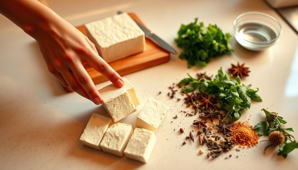 A well-lit kitchen counter, the surface neatly prepared with a cutting board and a block of fresh, firm tofu. Nearby, a sharp kitchen knife and a small bowl of water. In the foreground, slender hands gently slice the tofu into even, rectangular pieces, revealing its soft, silky interior. The middle ground showcases an array of aromatic herbs and spices, ready to be incorporated. Warm, indirect lighting casts a soft, natural glow, highlighting the textures and colors of the scene. The overall mood is one of mindful, step-by-step preparation, inviting the viewer to engage with the process of preparing this versatile ingredient. A well-lit kitchen counter, the surface neatly prepared with a cutting board and a block of fresh, firm tofu. Nearby, a sharp kitchen knife and a small bowl of water. In the foreground, slender hands gently slice the tofu into even, rectangular pieces, revealing its soft, silky interior. The middle ground showcases an array of aromatic herbs and spices, ready to be incorporated. Warm, indirect lighting casts a soft, natural glow, highlighting the textures and colors of the scene. The overall mood is one of mindful, step-by-step preparation, inviting the viewer to engage with the process of preparing this versatile ingredient.