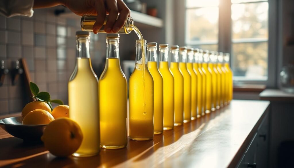 A well-lit kitchen counter, the warm glow of sunlight streaming through the window, as a skilled hand carefully pours the fragrant limoncello into a row of glass bottles. The lemons, freshly harvested, sit nearby, their vibrant yellow hues a testament to the care and attention put into this artisanal process. The bottles, with their sleek, elegant design, are arranged in an orderly fashion, ready to be sealed and stored for later enjoyment. The atmosphere is one of quiet focus and pride, a celebration of the craftsmanship that goes into creating this luscious, citrus-infused liqueur. A well-lit kitchen counter, the warm glow of sunlight streaming through the window, as a skilled hand carefully pours the fragrant limoncello into a row of glass bottles. The lemons, freshly harvested, sit nearby, their vibrant yellow hues a testament to the care and attention put into this artisanal process. The bottles, with their sleek, elegant design, are arranged in an orderly fashion, ready to be sealed and stored for later enjoyment. The atmosphere is one of quiet focus and pride, a celebration of the craftsmanship that goes into creating this luscious, citrus-infused liqueur.