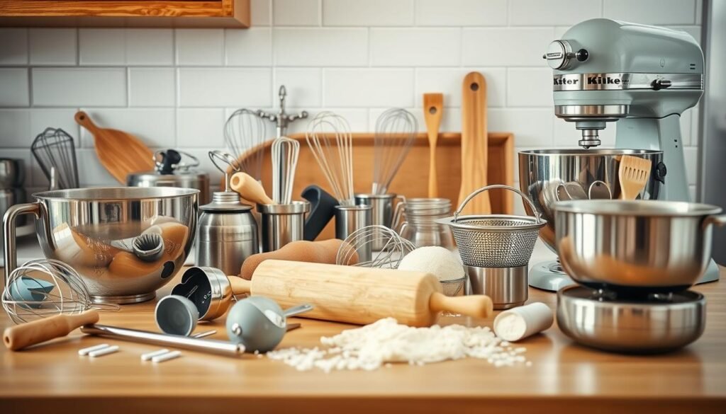 A well-lit kitchen counter top filled with an assortment of classic baking equipment. In the foreground, a mixing bowl, a hand mixer, and a set of measuring cups and spoons. In the middle ground, a rolling pin, a pastry brush, and a sieve. In the background, a gleaming stand mixer, a baking sheet, and a collection of various sized whisks and spatulas. The overall scene has a warm, inviting atmosphere, with soft natural lighting highlighting the stainless steel and ceramic textures of the tools. The mood is one of culinary preparedness and excitement for the task at hand. A well-lit kitchen counter top filled with an assortment of classic baking equipment. In the foreground, a mixing bowl, a hand mixer, and a set of measuring cups and spoons. In the middle ground, a rolling pin, a pastry brush, and a sieve. In the background, a gleaming stand mixer, a baking sheet, and a collection of various sized whisks and spatulas. The overall scene has a warm, inviting atmosphere, with soft natural lighting highlighting the stainless steel and ceramic textures of the tools. The mood is one of culinary preparedness and excitement for the task at hand.