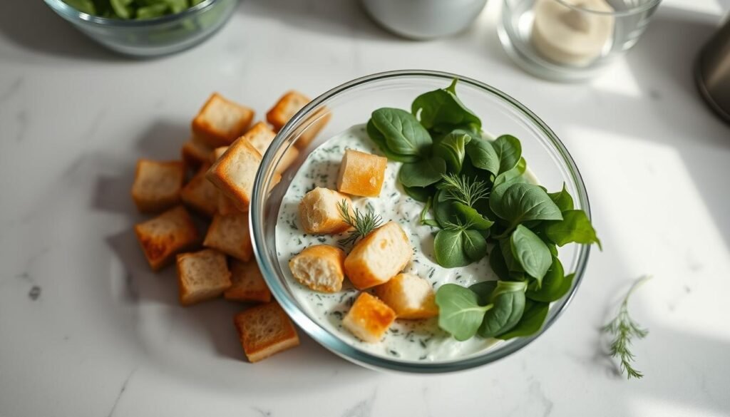 A well-lit kitchen counter with a glass bowl filled with creamy spinach dip. The dip is garnished with fresh spinach leaves, toasted bread cubes, and a few sprigs of dill. The scene is shot from a high angle, capturing the preparation process in a clean, minimalist style. Soft, natural lighting illuminates the scene, creating a warm, inviting atmosphere. The composition highlights the texture and color of the dip, drawing the viewer's attention to the step-by-step preparation. A well-lit kitchen counter with a glass bowl filled with creamy spinach dip. The dip is garnished with fresh spinach leaves, toasted bread cubes, and a few sprigs of dill. The scene is shot from a high angle, capturing the preparation process in a clean, minimalist style. Soft, natural lighting illuminates the scene, creating a warm, inviting atmosphere. The composition highlights the texture and color of the dip, drawing the viewer's attention to the step-by-step preparation.