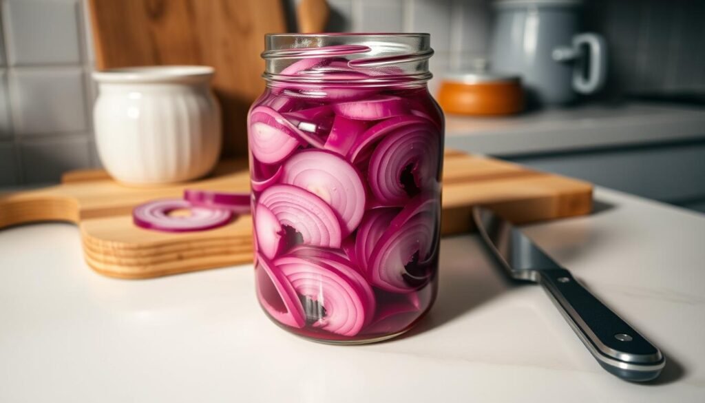 A well-lit kitchen counter with a glass jar filled with pickled red onions, a wooden cutting board, and a sharp knife resting nearby. The onions are sliced thinly and evenly, with a vibrant purple hue and a glossy sheen from the pickling brine. The jar has a tight-fitting lid, indicating proper storage for long-term preservation. The atmosphere is calm and inviting, with soft shadows and warm lighting creating a cozy and organized ambiance, ideal for showcasing the proper storage techniques for these classic pickled onions.