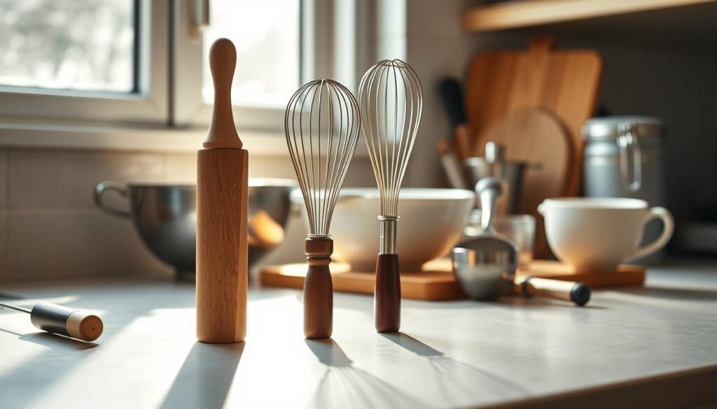 A well-lit kitchen counter with an assortment of baking tools arranged in the foreground. In the middle ground, a rolling pin, a whisk, and a spatula stand upright, casting soft shadows. In the background, a mixing bowl, a sifter, and a set of measuring cups sit neatly alongside a wooden cutting board. The overall scene exudes a cozy, warm atmosphere, with natural lighting filtering in from a window, creating a gentle, inviting ambiance perfect for baking.