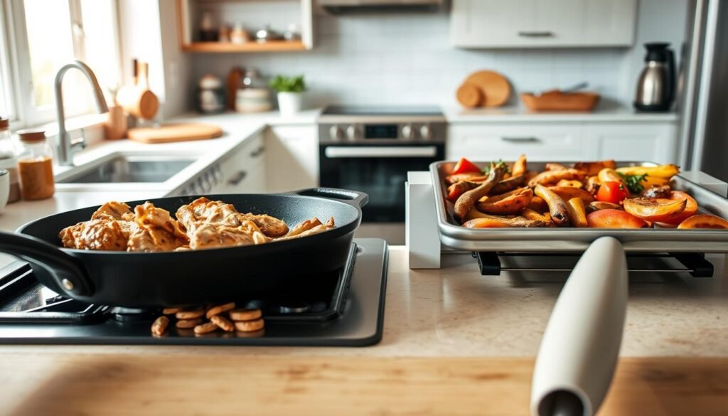 A well-lit kitchen interior, with a central focus on two cooking methods: frying and baking. In the foreground, a cast-iron skillet sizzles with golden-brown chicken or steak, while on the opposite side, a stainless-steel baking sheet holds a selection of roasted vegetables. The middle ground features various cooking utensils, spices, and a wooden cutting board, hinting at the preparation process. The background showcases a clean, modern kitchen design with sleek appliances and natural lighting flooding the space, creating a warm and inviting atmosphere. The overall scene emphasizes the contrast and versatility of these two essential cooking techniques. A well-lit kitchen interior, with a central focus on two cooking methods: frying and baking. In the foreground, a cast-iron skillet sizzles with golden-brown chicken or steak, while on the opposite side, a stainless-steel baking sheet holds a selection of roasted vegetables. The middle ground features various cooking utensils, spices, and a wooden cutting board, hinting at the preparation process. The background showcases a clean, modern kitchen design with sleek appliances and natural lighting flooding the space, creating a warm and inviting atmosphere. The overall scene emphasizes the contrast and versatility of these two essential cooking techniques.