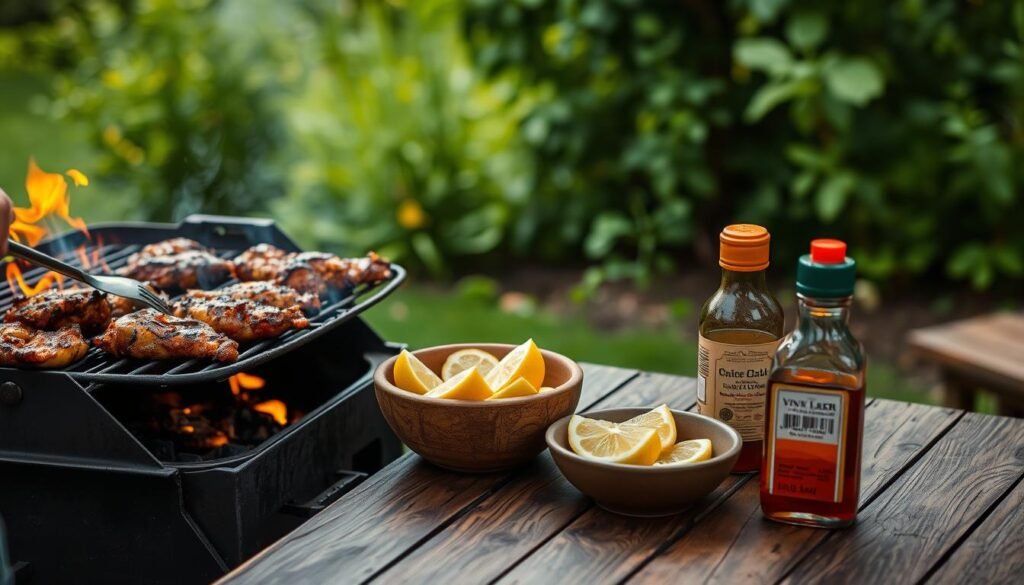 A well-lit outdoor scene of a person grilling chicken on a charcoal grill, with flames licking the edges of the grill. The chicken is coated in a rich, reddish-brown chipotle marinade, creating a tantalizing aroma. In the middle ground, a wooden table is set with a bowl of fresh lemon wedges and a bottle of hot sauce, inviting guests to customize their meal. The background features a lush, verdant garden, creating a serene and comforting atmosphere. The overall mood is one of warmth, flavor, and the simple pleasures of homemade cooking.