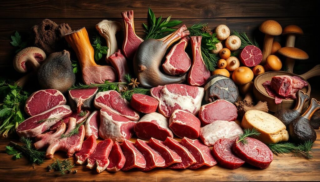 A well-lit still life arrangement of various raw meat cuts and game animal parts on a rustic wooden table. In the foreground, a variety of lean meats like venison, bison, and elk steaks are displayed. In the middle ground, an assortment of chops, ribs, and organ meats from predatory animals like bear, boar, and mountain lion are arranged. The background features foraged herbs, wild mushrooms, and aromatic spices to evoke the essence of primal, carnivorous cuisine. The overall scene has a rugged, earthy tone with dramatic shadows and highlights, evoking the primal, untamed spirit of carnivore recipes. A well-lit still life arrangement of various raw meat cuts and game animal parts on a rustic wooden table. In the foreground, a variety of lean meats like venison, bison, and elk steaks are displayed. In the middle ground, an assortment of chops, ribs, and organ meats from predatory animals like bear, boar, and mountain lion are arranged. The background features foraged herbs, wild mushrooms, and aromatic spices to evoke the essence of primal, carnivorous cuisine. The overall scene has a rugged, earthy tone with dramatic shadows and highlights, evoking the primal, untamed spirit of carnivore recipes.
