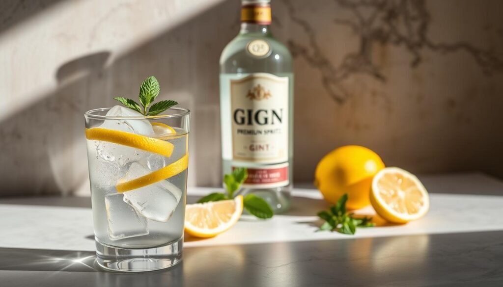 A well-lit tabletop arrangement showcasing the key ingredients for a Hugo Spritz cocktail. In the foreground, a crystal tumbler filled with ice, freshly squeezed lemon juice, and a splash of sparkling wine. In the middle ground, a bottle of premium gin, a sprig of fragrant mint, and a wedge of lemon. The background features a textured, neutral-toned surface, allowing the vibrant colors of the ingredients to pop. Soft, directional lighting casts subtle shadows, creating depth and a sophisticated, elegant atmosphere. The overall composition is balanced and visually appealing, highlighting the artisanal nature of the Hugo Spritz. A well-lit tabletop arrangement showcasing the key ingredients for a Hugo Spritz cocktail. In the foreground, a crystal tumbler filled with ice, freshly squeezed lemon juice, and a splash of sparkling wine. In the middle ground, a bottle of premium gin, a sprig of fragrant mint, and a wedge of lemon. The background features a textured, neutral-toned surface, allowing the vibrant colors of the ingredients to pop. Soft, directional lighting casts subtle shadows, creating depth and a sophisticated, elegant atmosphere. The overall composition is balanced and visually appealing, highlighting the artisanal nature of the Hugo Spritz.