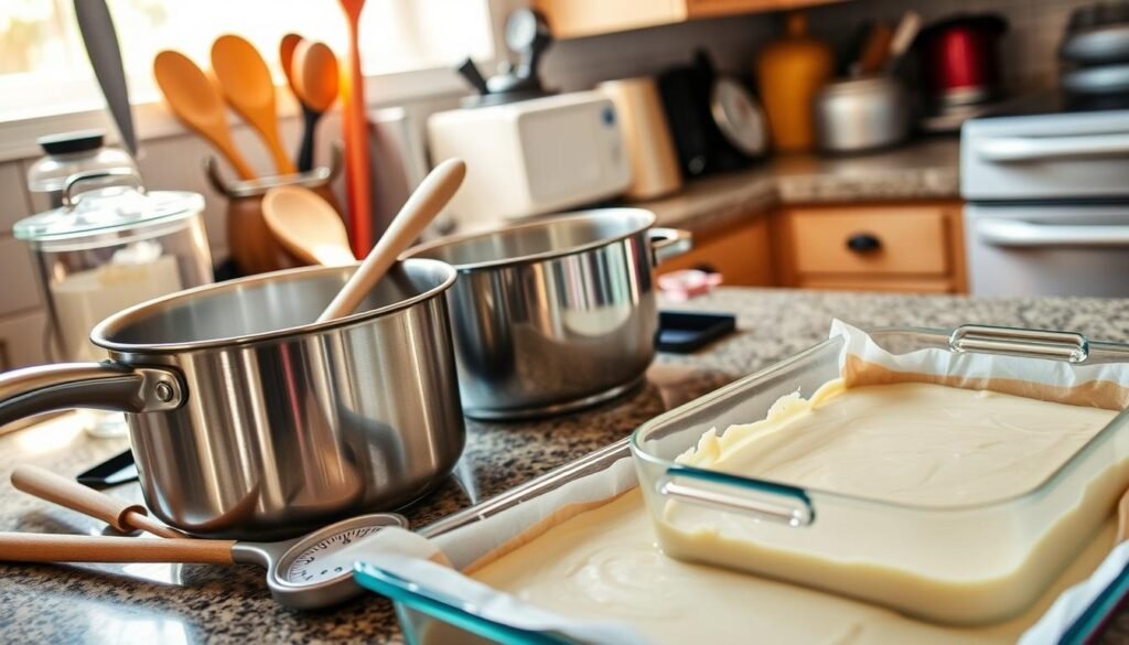A well-organized kitchen counter, bathed in warm, natural lighting. In the foreground, an array of essential fudge-making equipment: a heavy-bottomed saucepan, a candy thermometer, a wooden spoon, and a silicone spatula. Nearby, a glass bowl filled with smooth, creamy fudge, ready to be poured into a neatly lined baking pan. In the background, a mix of classic cooking utensils and small appliances, hinting at the broader culinary context. The scene conveys a sense of focused preparation and anticipation, setting the stage for the delectable Cornish hen recipe to come. A well-organized kitchen counter, bathed in warm, natural lighting. In the foreground, an array of essential fudge-making equipment: a heavy-bottomed saucepan, a candy thermometer, a wooden spoon, and a silicone spatula. Nearby, a glass bowl filled with smooth, creamy fudge, ready to be poured into a neatly lined baking pan. In the background, a mix of classic cooking utensils and small appliances, hinting at the broader culinary context. The scene conveys a sense of focused preparation and anticipation, setting the stage for the delectable Cornish hen recipe to come.