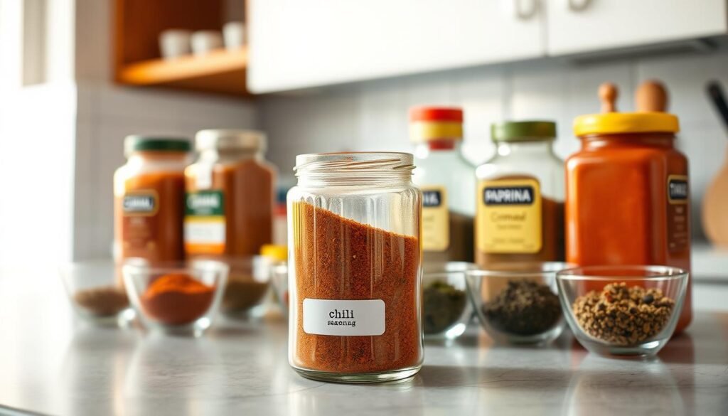 A well-organized kitchen counter with a variety of chili spices and seasonings neatly displayed in glass jars and small bowls. Warm, soft lighting casts a cozy glow over the arrangement, highlighting the vibrant colors and textures of the spices. In the foreground, a label-less glass jar takes center stage, filled with a flavorful chili seasoning blend. The middle ground features additional jars and bowls, each labeled with their contents - cumin, paprika, oregano, and other key spices for an authentic al pastor recipe. The background subtly fades into a clean, minimalist kitchen environment, allowing the spices to be the star of the scene. A well-organized kitchen counter with a variety of chili spices and seasonings neatly displayed in glass jars and small bowls. Warm, soft lighting casts a cozy glow over the arrangement, highlighting the vibrant colors and textures of the spices. In the foreground, a label-less glass jar takes center stage, filled with a flavorful chili seasoning blend. The middle ground features additional jars and bowls, each labeled with their contents - cumin, paprika, oregano, and other key spices for an authentic al pastor recipe. The background subtly fades into a clean, minimalist kitchen environment, allowing the spices to be the star of the scene.