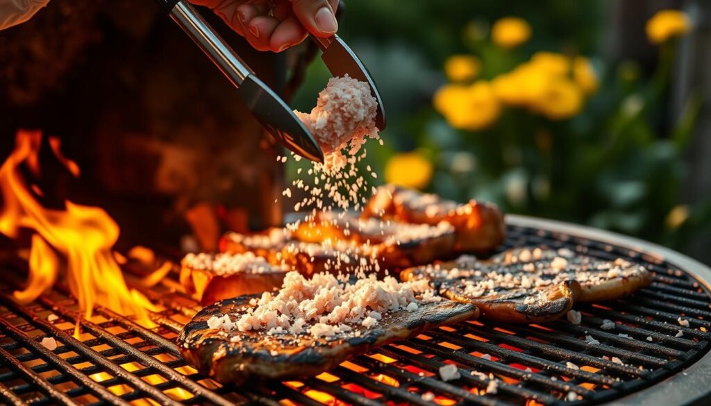 A well-seasoned grill sizzles with juicy meats and vegetables, as a chef delicately sprinkles a dusting of pink Himalayan salt over the searing hot surface. The warm, golden glow of the flames casts a soft, cinematic light, highlighting the intricate pattern of the grill grates and the subtle hues of the pink salt crystals. In the foreground, a pair of sturdy tongs deftly turns and basts the succulent morsels, while the background frames a lush, verdant garden, hinting at the fresh, natural flavors to come. The overall scene exudes a sense of rustic elegance and the perfect balance of savory and salty, inviting the viewer to imagine the delightful aromas and flavors of this artful culinary experience. A well-seasoned grill sizzles with juicy meats and vegetables, as a chef delicately sprinkles a dusting of pink Himalayan salt over the searing hot surface. The warm, golden glow of the flames casts a soft, cinematic light, highlighting the intricate pattern of the grill grates and the subtle hues of the pink salt crystals. In the foreground, a pair of sturdy tongs deftly turns and basts the succulent morsels, while the background frames a lush, verdant garden, hinting at the fresh, natural flavors to come. The overall scene exudes a sense of rustic elegance and the perfect balance of savory and salty, inviting the viewer to imagine the delightful aromas and flavors of this artful culinary experience.