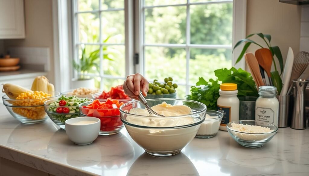A wide, well-lit kitchen counter with a bright, airy atmosphere. On the counter, a series of glass bowls containing the ingredients for corn dip: freshly shucked corn kernels, diced red bell peppers, chopped green onions, grated Parmesan cheese, a tub of sour cream, and a jar of mayonnaise. In the foreground, a chef's hands are gently mixing the ingredients together in one of the bowls, creating a smooth, creamy corn dip. The middle ground shows various kitchen utensils, such as a whisk, a spatula, and a serving spoon, neatly arranged next to the prep area. The background features a window overlooking a lush, green garden, adding to the fresh, natural feel of the scene. A wide, well-lit kitchen counter with a bright, airy atmosphere. On the counter, a series of glass bowls containing the ingredients for corn dip: freshly shucked corn kernels, diced red bell peppers, chopped green onions, grated Parmesan cheese, a tub of sour cream, and a jar of mayonnaise. In the foreground, a chef's hands are gently mixing the ingredients together in one of the bowls, creating a smooth, creamy corn dip. The middle ground shows various kitchen utensils, such as a whisk, a spatula, and a serving spoon, neatly arranged next to the prep area. The background features a window overlooking a lush, green garden, adding to the fresh, natural feel of the scene.