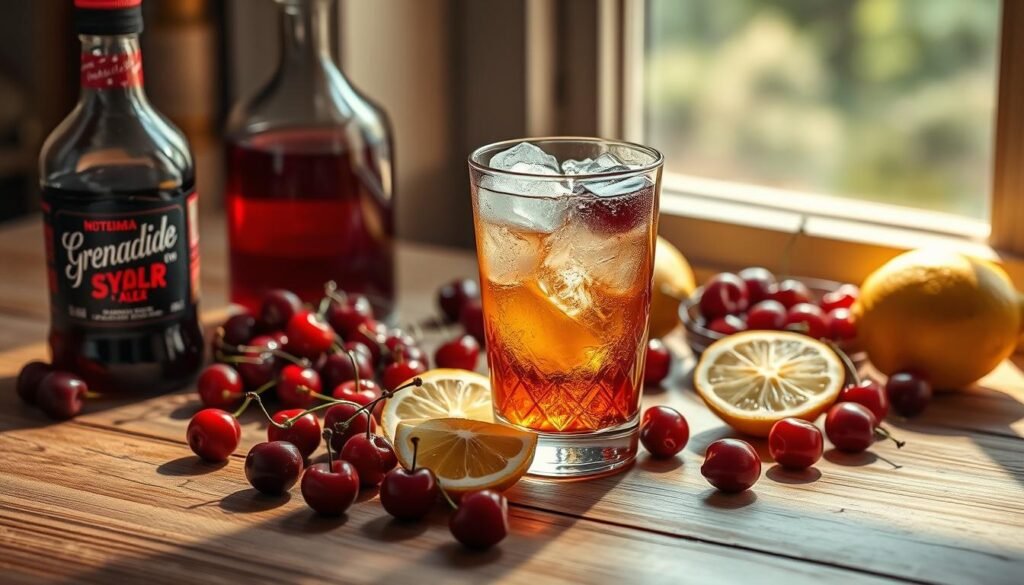 An elaborate still life capturing the ingredients for a classic Shirley Temple cocktail. A glass filled with crushed ice and ginger ale is the focal point, surrounded by vibrant maraschino cherries, fresh lemon slices, and a bottle of grenadine syrup. The scene is illuminated by soft, natural light filtering through a window, casting warm shadows on the wooden tabletop. The layout is meticulously arranged, with each element thoughtfully positioned to create a visually appealing and harmonious composition. The overall mood is one of refinement and sophistication, reflecting the timeless appeal of this beloved non-alcoholic beverage. An elaborate still life capturing the ingredients for a classic Shirley Temple cocktail. A glass filled with crushed ice and ginger ale is the focal point, surrounded by vibrant maraschino cherries, fresh lemon slices, and a bottle of grenadine syrup. The scene is illuminated by soft, natural light filtering through a window, casting warm shadows on the wooden tabletop. The layout is meticulously arranged, with each element thoughtfully positioned to create a visually appealing and harmonious composition. The overall mood is one of refinement and sophistication, reflecting the timeless appeal of this beloved non-alcoholic beverage.