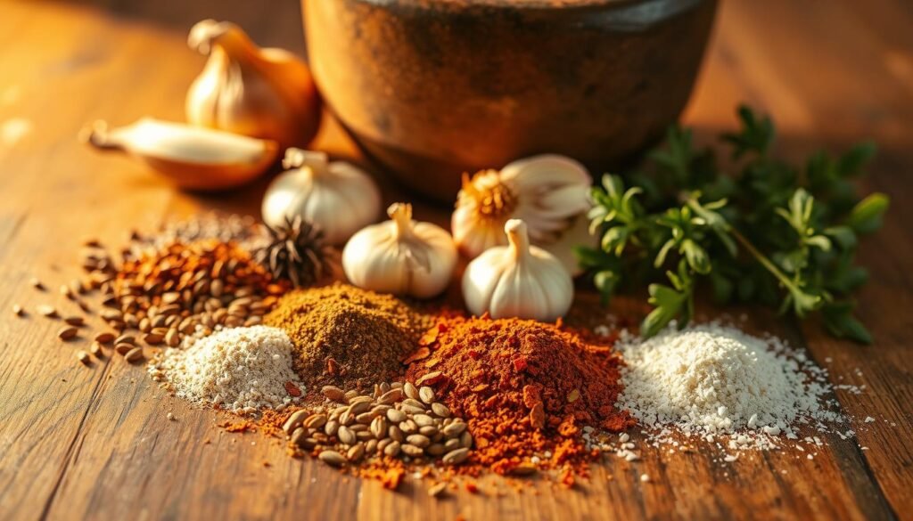 Chili seasoning ingredients laid out on a rustic wooden table, bathed in warm, golden light. In the foreground, an assortment of whole spices, including cumin seeds, coriander, oregano, and chili flakes, neatly arranged. In the middle ground, several whole garlic cloves and a halved onion, their textures and colors contrasting against the wooden surface. In the background, a mortar and pestle, ready to grind the ingredients into a flavorful blend. The scene exudes an authentic, homemade atmosphere, capturing the essence of creating a signature chili seasoning for the perfect al pastor taco. Chili seasoning ingredients laid out on a rustic wooden table, bathed in warm, golden light. In the foreground, an assortment of whole spices, including cumin seeds, coriander, oregano, and chili flakes, neatly arranged. In the middle ground, several whole garlic cloves and a halved onion, their textures and colors contrasting against the wooden surface. In the background, a mortar and pestle, ready to grind the ingredients into a flavorful blend. The scene exudes an authentic, homemade atmosphere, capturing the essence of creating a signature chili seasoning for the perfect al pastor taco.