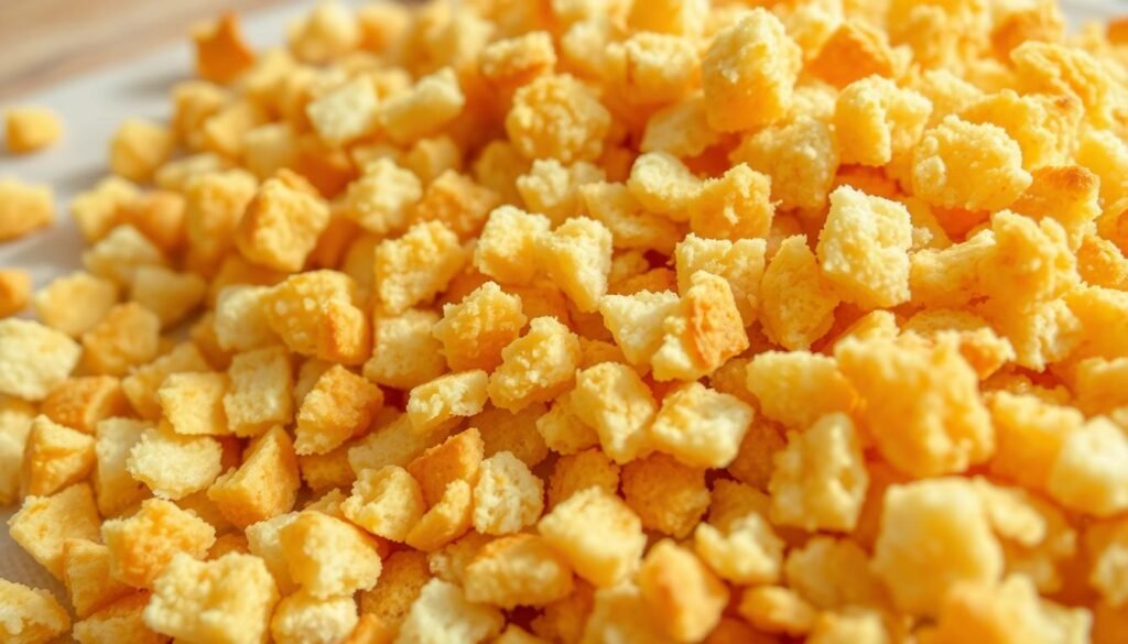 Closely cropped view of fresh, golden-brown bread crumbs, their irregular shapes and textures illuminated by soft, natural lighting. The crumbs are arranged in the foreground, filling the frame, with a clean, out-of-focus background hinting at a simple, minimalist setting. The lighting casts subtle shadows, emphasizing the depth and dimensionality of the crumbs. The overall mood is one of simplicity, hominess, and the appeal of a humble, everyday ingredient. Closely cropped view of fresh, golden-brown bread crumbs, their irregular shapes and textures illuminated by soft, natural lighting. The crumbs are arranged in the foreground, filling the frame, with a clean, out-of-focus background hinting at a simple, minimalist setting. The lighting casts subtle shadows, emphasizing the depth and dimensionality of the crumbs. The overall mood is one of simplicity, hominess, and the appeal of a humble, everyday ingredient.