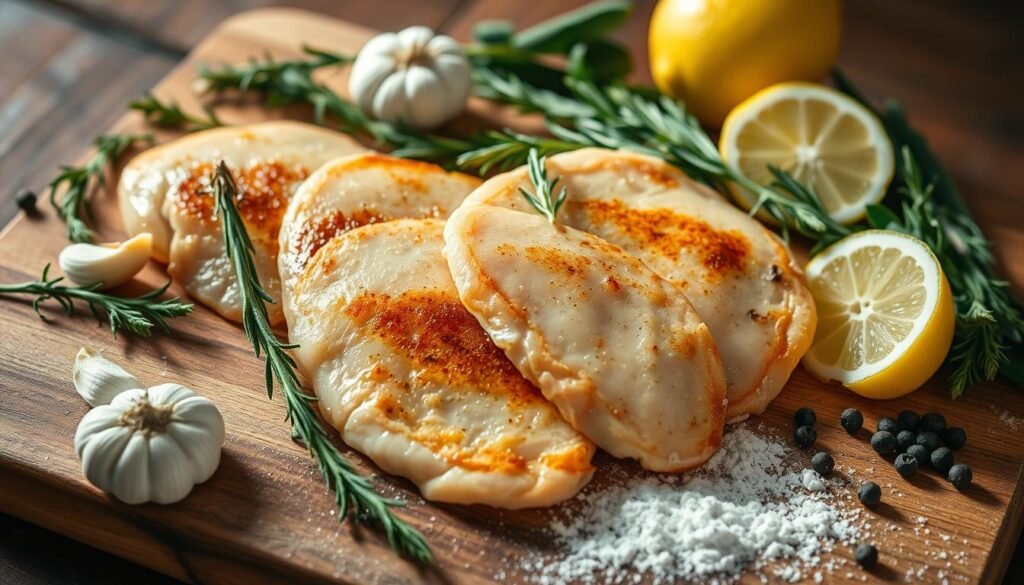 Crisp, golden-brown chicken cutlets rest on a rustic wooden cutting board, surrounded by an array of enticing flavor enhancers. Fresh sprigs of rosemary, thyme, and sage add earthy notes, while garlic cloves, sliced lemon, and cracked black peppercorns bring depth and complexity. The scene is bathed in warm, natural lighting, creating a cozy, inviting atmosphere. A light dusting of flour and a drizzle of olive oil hint at the preparation process, inviting the viewer to imagine the delicious possibilities of these simple yet flavorful ingredients. The overall composition emphasizes the textures, colors, and aromas of these classic chicken cutlet accompaniments, perfectly complementing the subject of the article. Crisp, golden-brown chicken cutlets rest on a rustic wooden cutting board, surrounded by an array of enticing flavor enhancers. Fresh sprigs of rosemary, thyme, and sage add earthy notes, while garlic cloves, sliced lemon, and cracked black peppercorns bring depth and complexity. The scene is bathed in warm, natural lighting, creating a cozy, inviting atmosphere. A light dusting of flour and a drizzle of olive oil hint at the preparation process, inviting the viewer to imagine the delicious possibilities of these simple yet flavorful ingredients. The overall composition emphasizes the textures, colors, and aromas of these classic chicken cutlet accompaniments, perfectly complementing the subject of the article.
