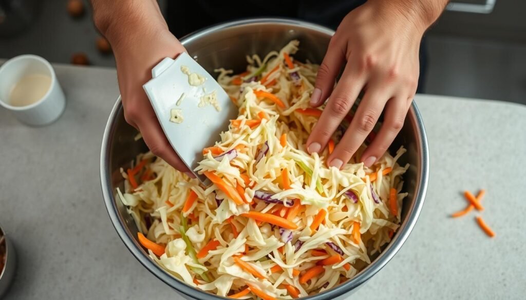 Detailed close-up shot of a chef's hands preparing KFC-style coleslaw in a stainless steel mixing bowl. Crisp shredded cabbage and carrots tumbling together, coated in a creamy, tangy dressing. Bright and vibrant lighting from above, capturing the textures and colors. Neutral background with some small kitchen tools and ingredients visible. The scene conveys a sense of care and attention to the preparation process, highlighting the fresh, homemade quality of the coleslaw. Detailed close-up shot of a chef's hands preparing KFC-style coleslaw in a stainless steel mixing bowl. Crisp shredded cabbage and carrots tumbling together, coated in a creamy, tangy dressing. Bright and vibrant lighting from above, capturing the textures and colors. Neutral background with some small kitchen tools and ingredients visible. The scene conveys a sense of care and attention to the preparation process, highlighting the fresh, homemade quality of the coleslaw.